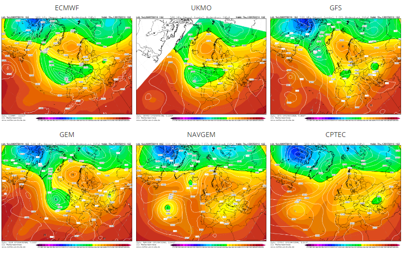 Fig. 4. Multi-model Wetterzentrale per Giovedì 13 Ottobre: ognuno per la sua... Fonte: www.wetterzentrale.de